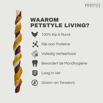 Petstyle Living - Bâtonnets torsadés multicolores au poulet et au bœuf 12,5 cm - 100 pièces