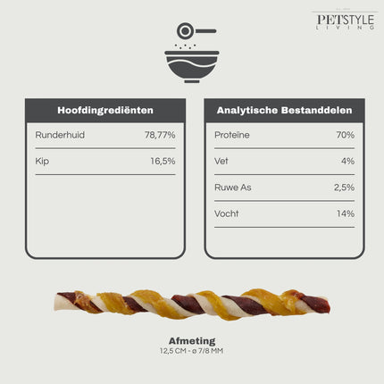 Petstyle Living - Bâtonnets torsadés multicolores au poulet et au bœuf 12,5 cm - 100 pièces