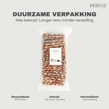 Petstyle Living - Bâtonnets torsadés multicolores au poulet et au bœuf 12,5 cm - 100 pièces