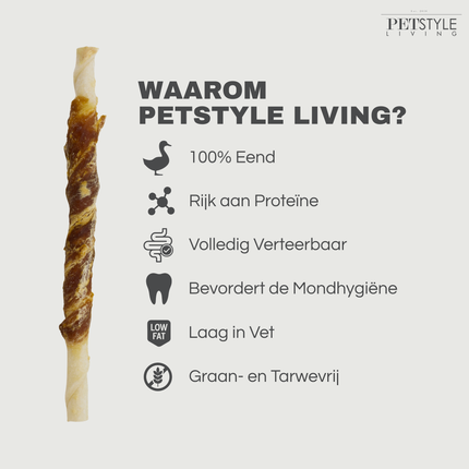 Petstyle Living - Bâtonnets torsadés avec canard 12,5 cm - 100 pièces