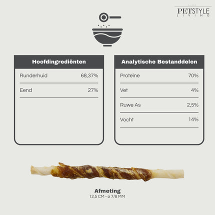 Petstyle Living - Bâtonnets torsadés avec canard 12,5 cm - 30 pièces 